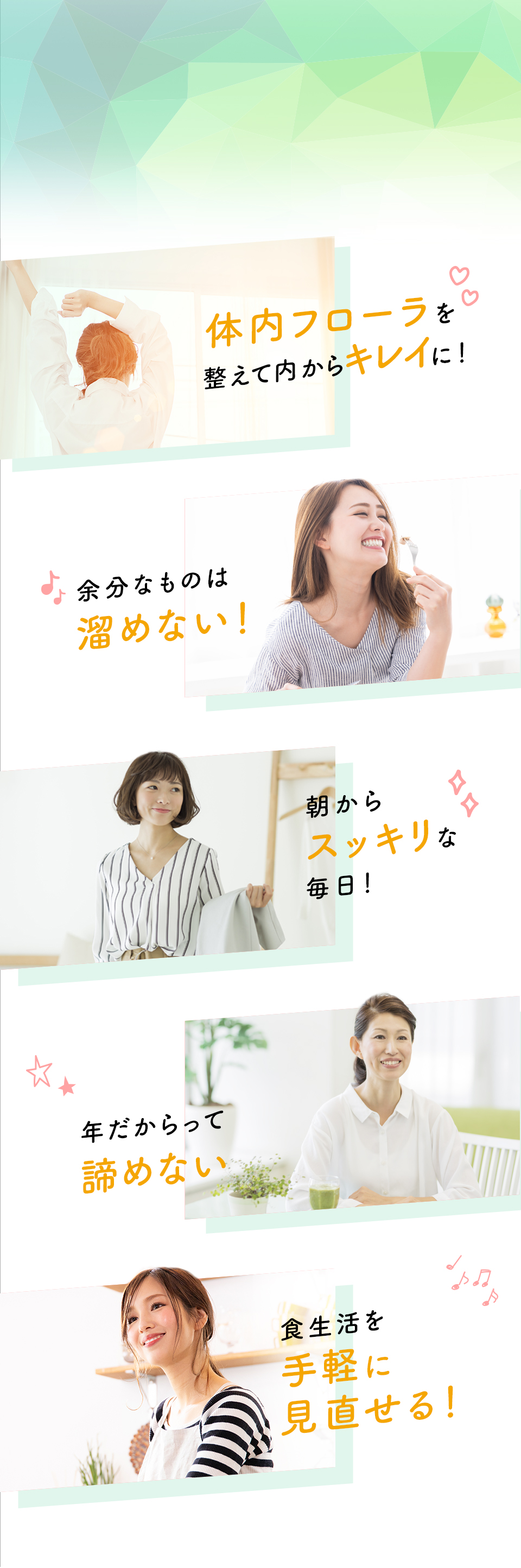体内フローラを整えて内からキレイに、野菜不足は心配だけど、朝からスッキリな毎日、年だからって諦めない、食生活を手軽に見直せる!